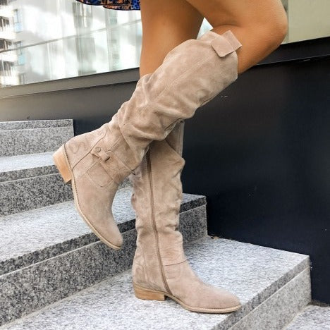 Low-Heel Suede High Boots