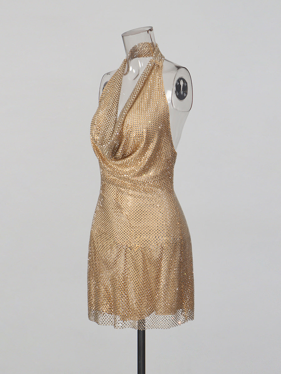 Lady's glittering diamond-studded V-neck backless short dress with d�colletage