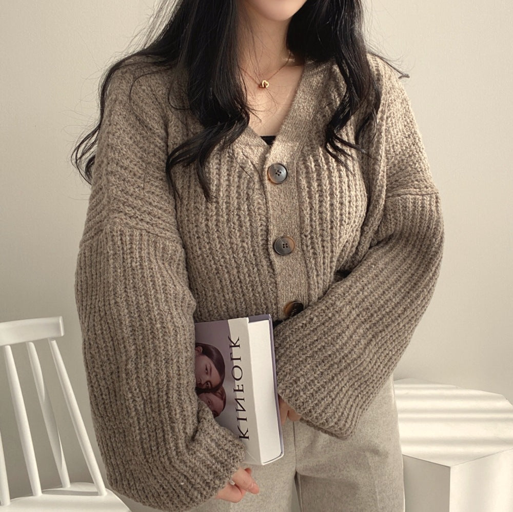 Women Loose Knit Cardigan Lantern Sleeve