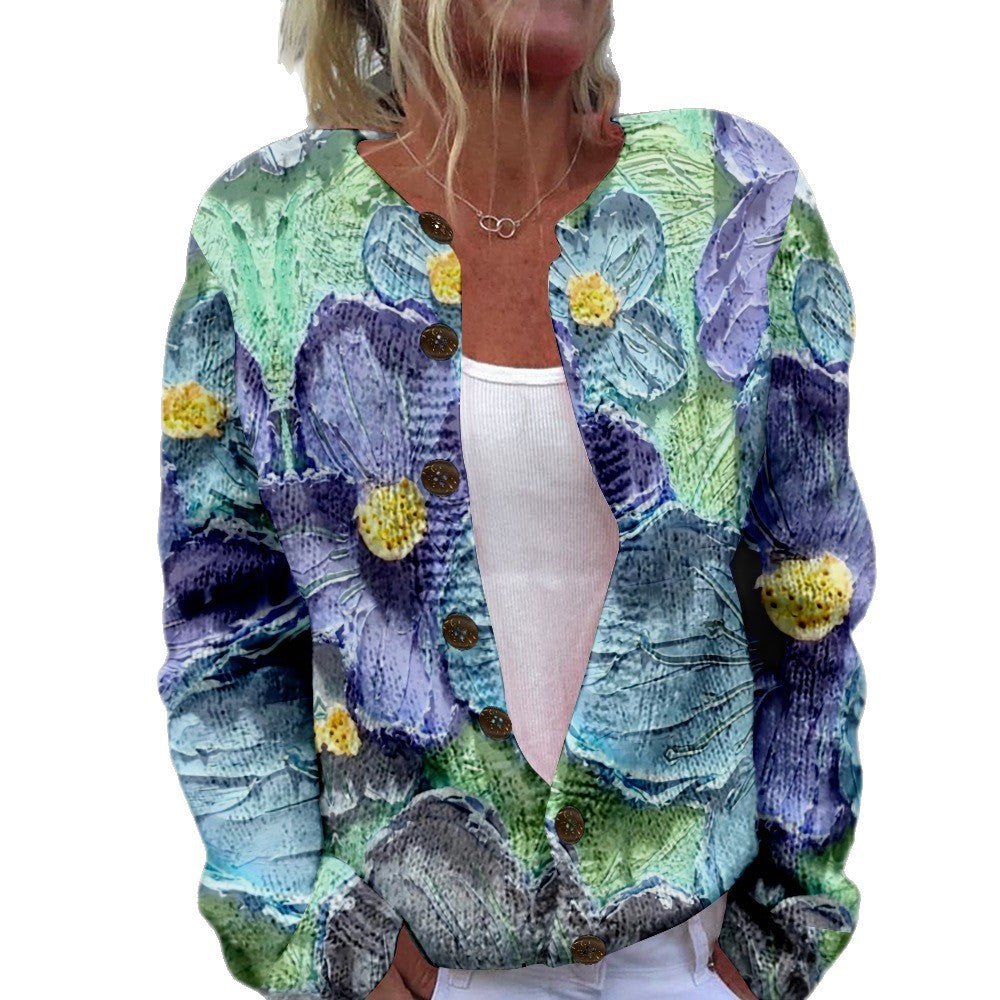 Women's Chunky Knit 3D Print Cardigan