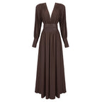 French-Style Pleated Dress with V-Neck Long Sleeves