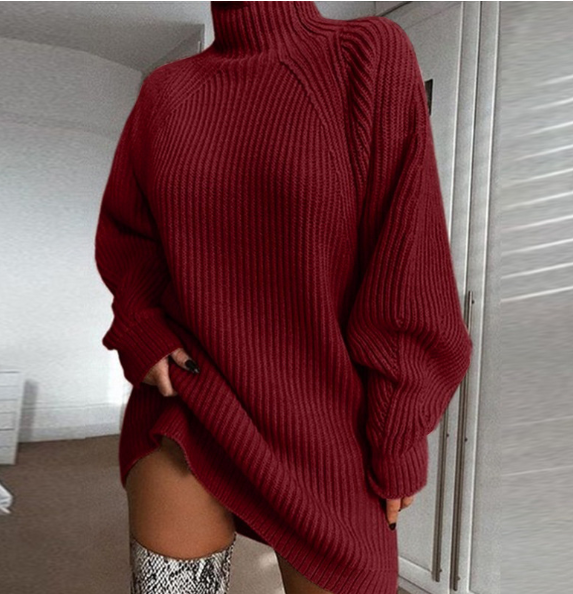 Europe and the United States foreign trade autumn and winter new women's sweater mid-length with shoulder sleeve half turtleneck sweater dress