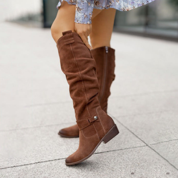 Low-Heel Suede High Boots