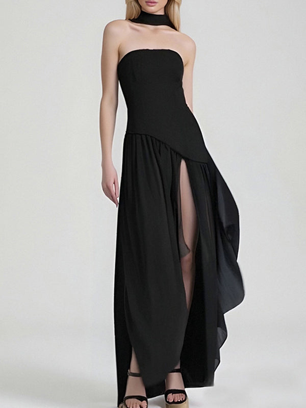 Elegant Slim Fit Solid Color Waist Cinching Slit Dress