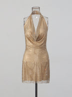 Lady's glittering diamond-studded V-neck backless short dress with d�colletage