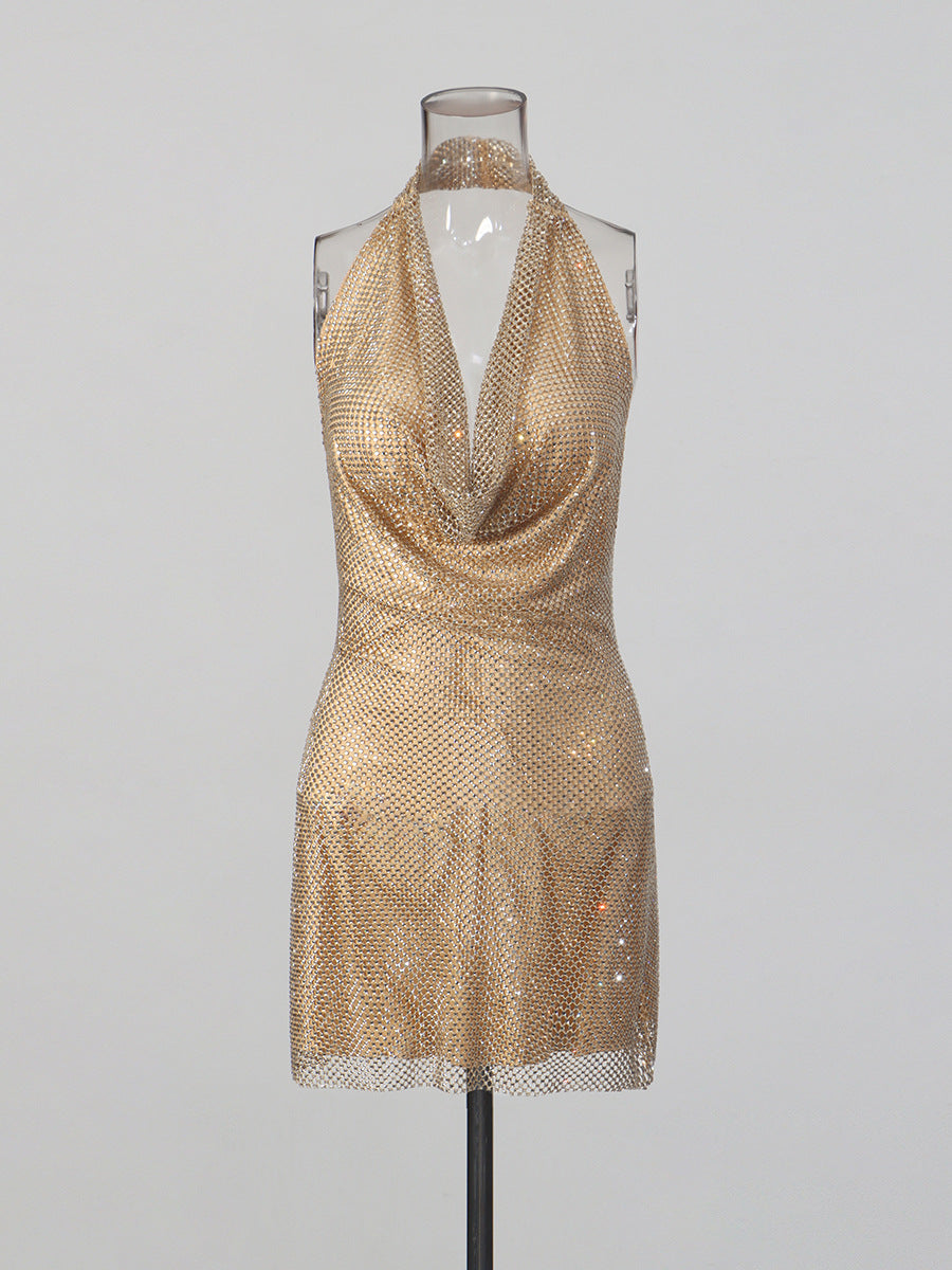 Lady's glittering diamond-studded V-neck backless short dress with d�colletage