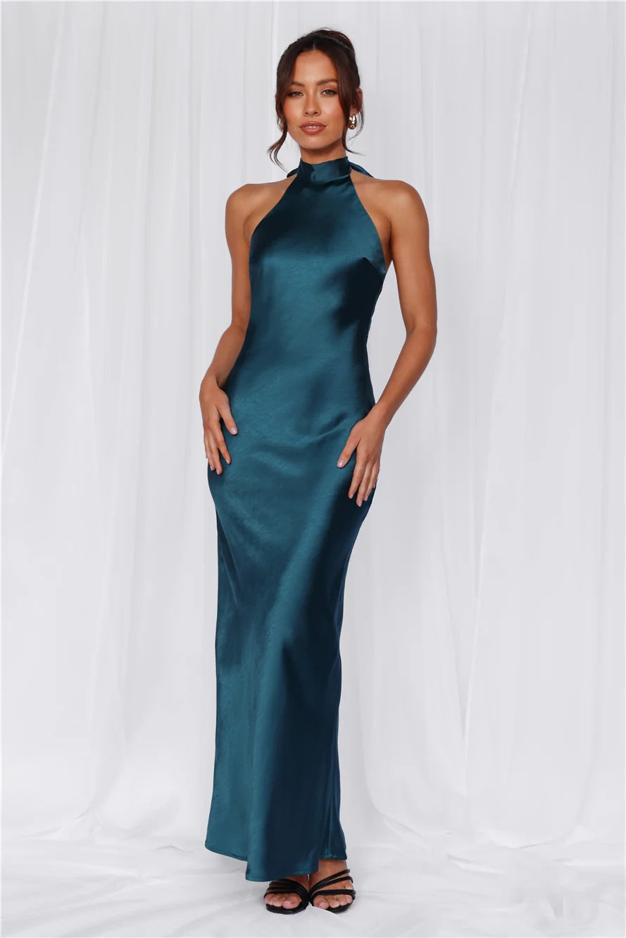 Halter Neck Satin Long Dress for Women
