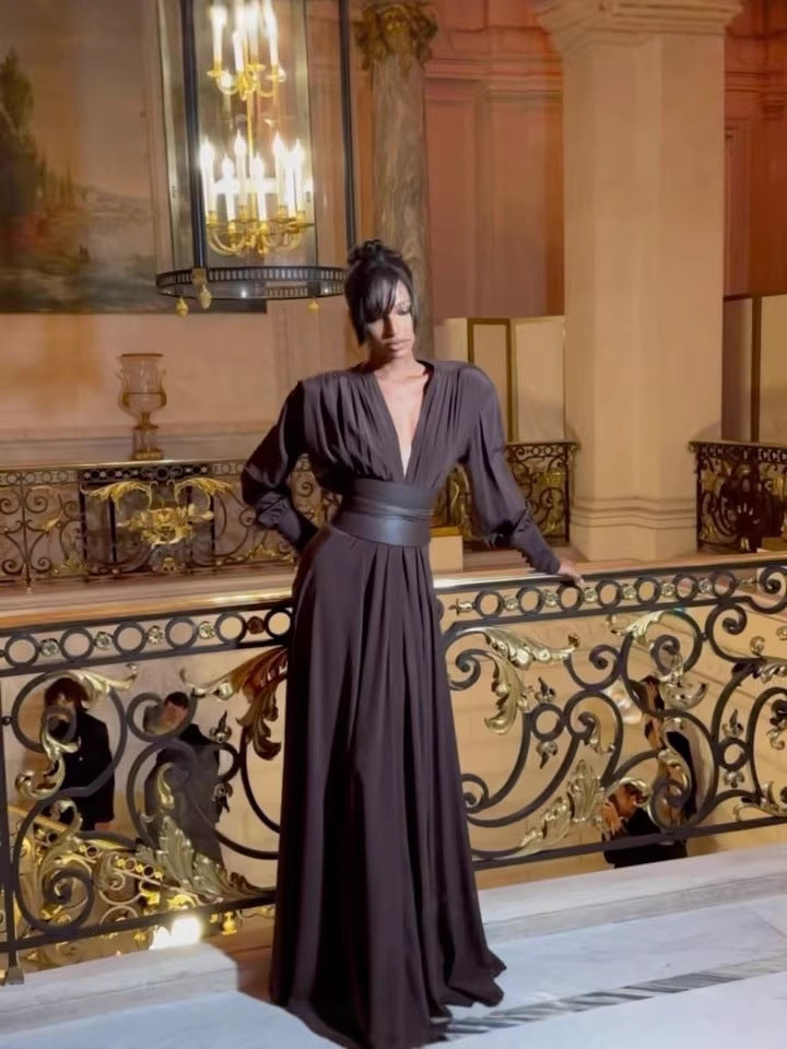 French-Style Pleated Dress with V-Neck Long Sleeves
