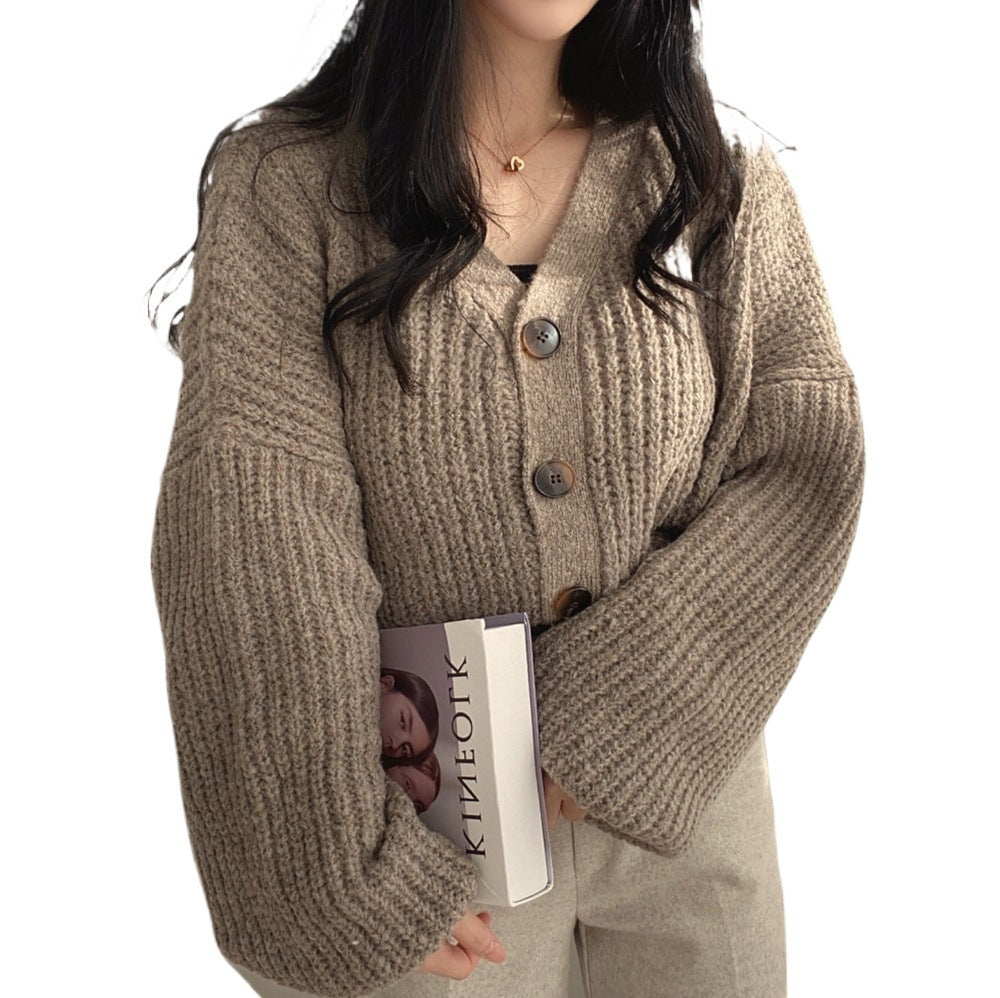 Women Loose Knit Cardigan Lantern Sleeve