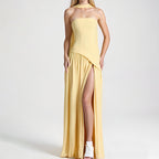 Elegant Slim Fit Solid Color Waist Cinching Slit Dress