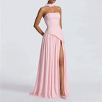 Elegant Slim Fit Solid Color Waist Cinching Slit Dress