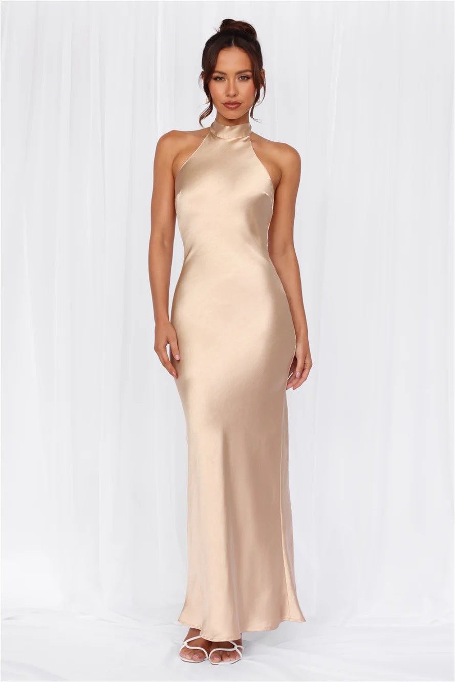 Halter Neck Satin Long Dress for Women