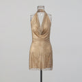 Lady's glittering diamond-studded V-neck backless short dress with d�colletage