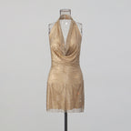 Lady's glittering diamond-studded V-neck backless short dress with d�colletage