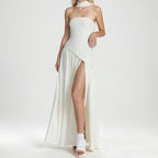Elegant Slim Fit Solid Color Waist Cinching Slit Dress