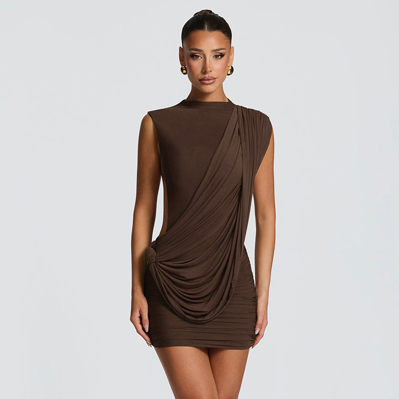 Women's Casual Solid Color Sleeveless Irregular Ribbon Slim Backless Dress