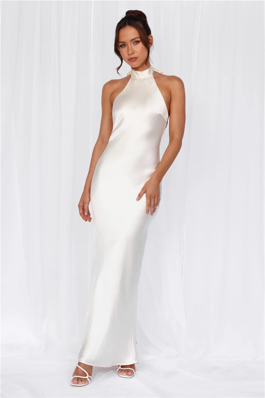 Halter Neck Satin Long Dress for Women