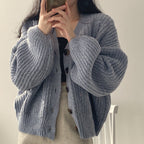 Women Loose Knit Cardigan Lantern Sleeve