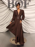 French-Style Pleated Dress with V-Neck Long Sleeves
