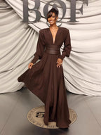 French-Style Pleated Dress with V-Neck Long Sleeves