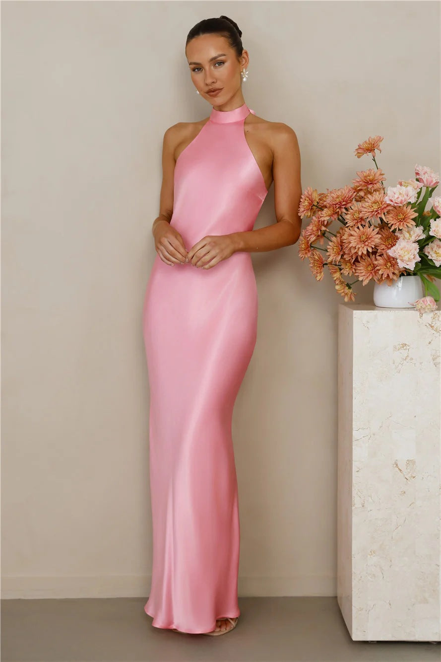 Halter Neck Satin Long Dress for Women