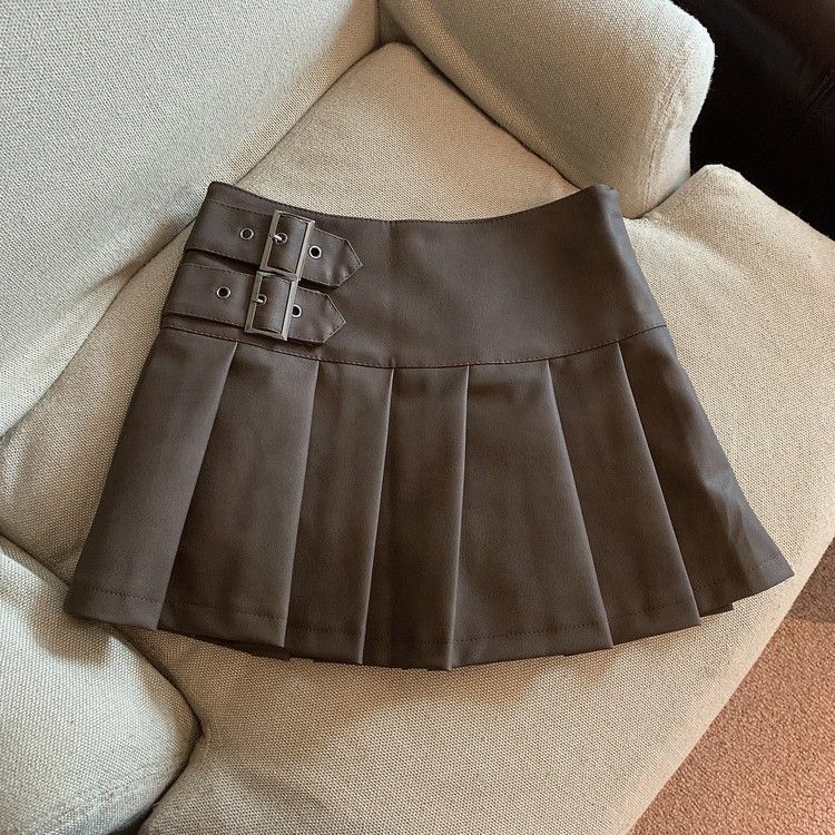 Womens High Waist Pleated PU Skirt