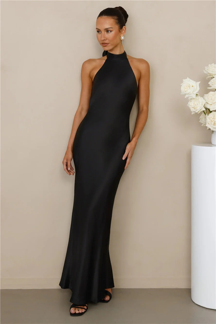 Halter Neck Satin Long Dress for Women