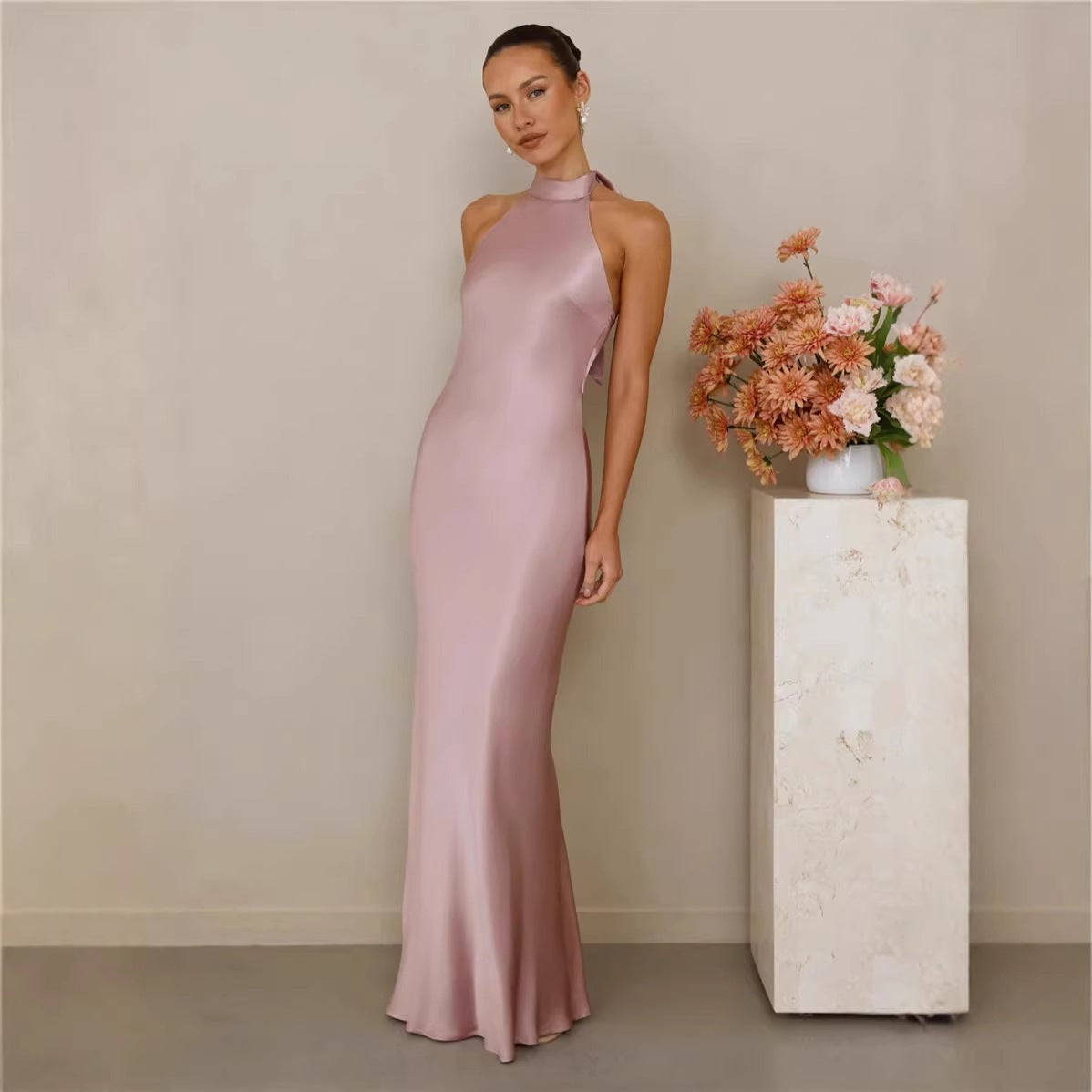 Halter Neck Satin Long Dress for Women