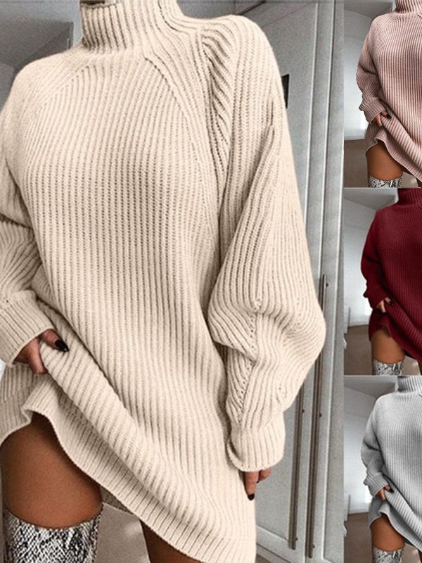 Europe and the United States foreign trade autumn and winter new women's sweater mid-length with shoulder sleeve half turtleneck sweater dress