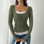 Square collar stitching lace single-breasted slim-fit long sleeves