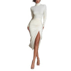Solid-color elegant high-necked long-sleeved dress