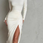 Solid-color elegant high-necked long-sleeved dress