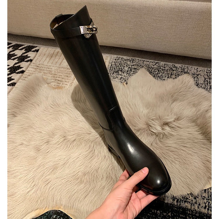 Round Toe Metal Buckle Boots