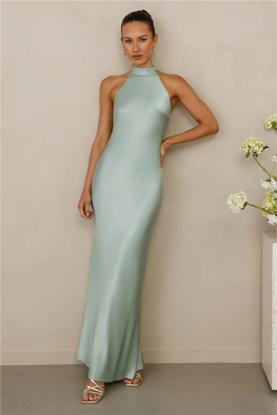 Halter Neck Satin Long Dress for Women