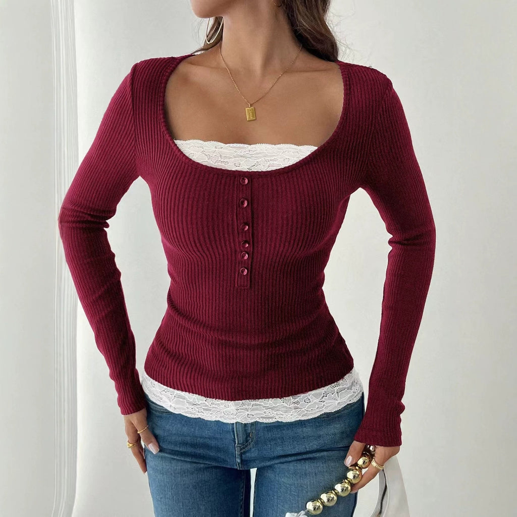 Square collar stitching lace single-breasted slim-fit long sleeves