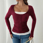 Square collar stitching lace single-breasted slim-fit long sleeves