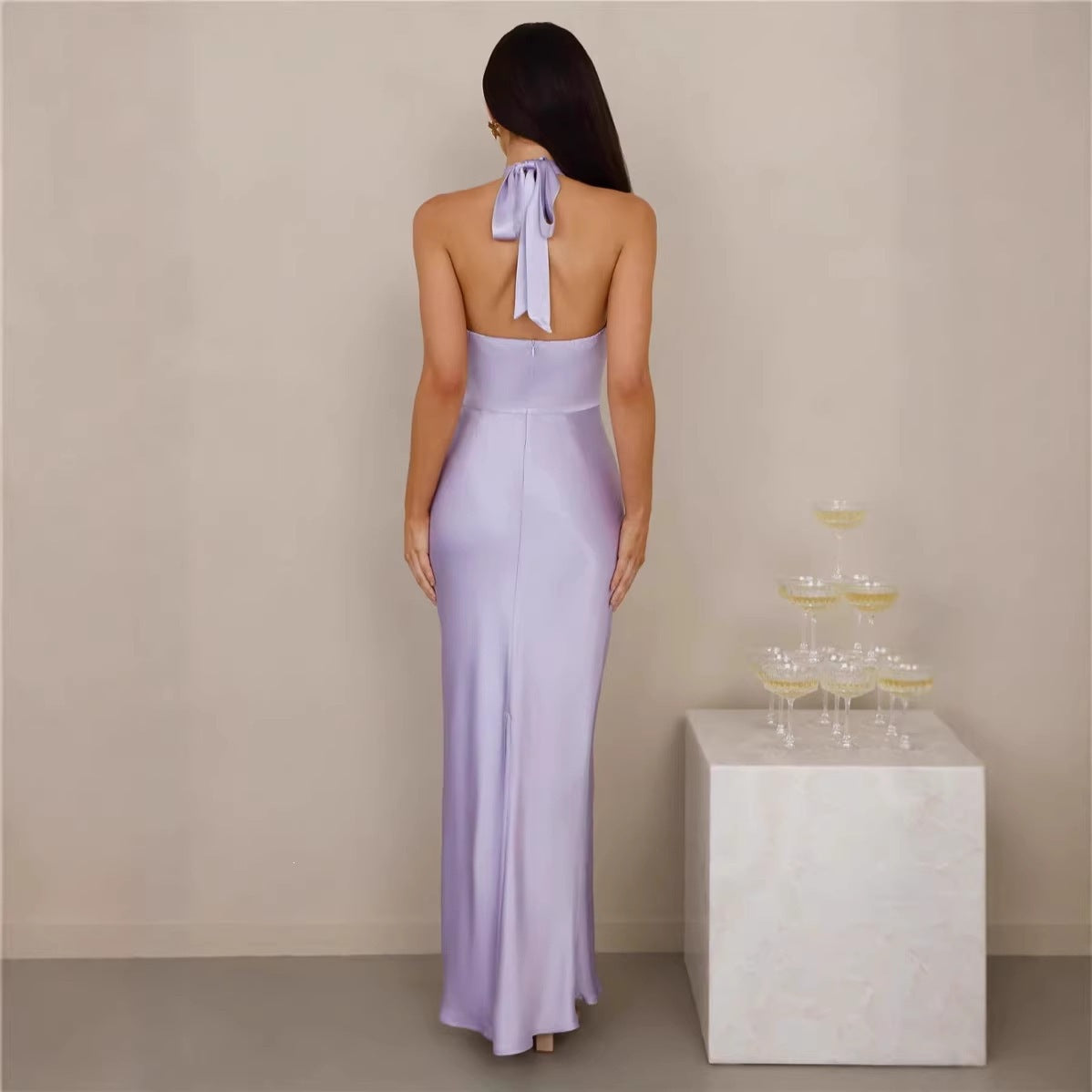 Halter Neck Satin Long Dress for Women
