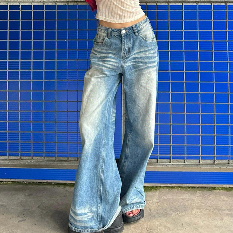 Womens High Waisted Wide Leg Denim Trousers