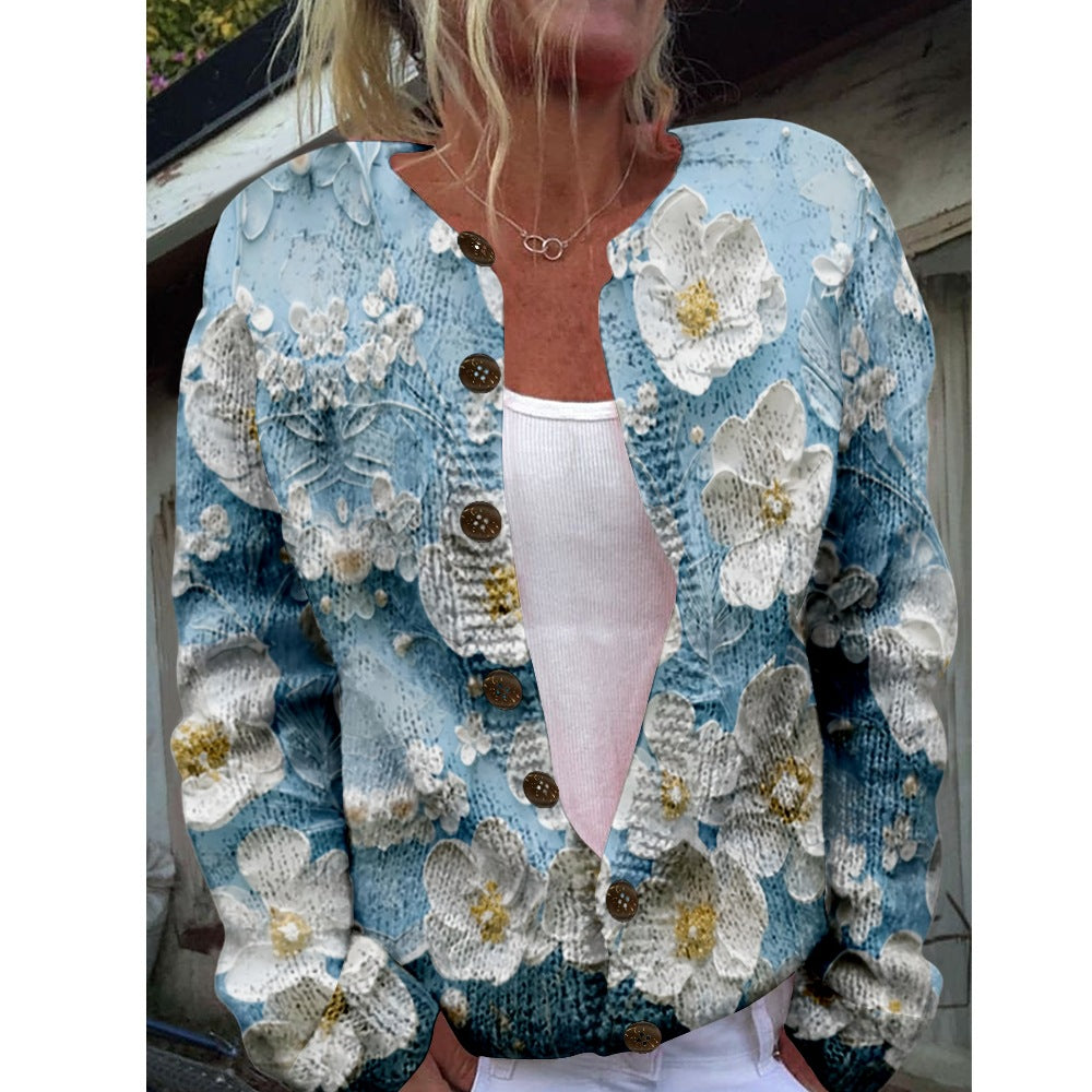Women's Chunky Knit 3D Print Cardigan