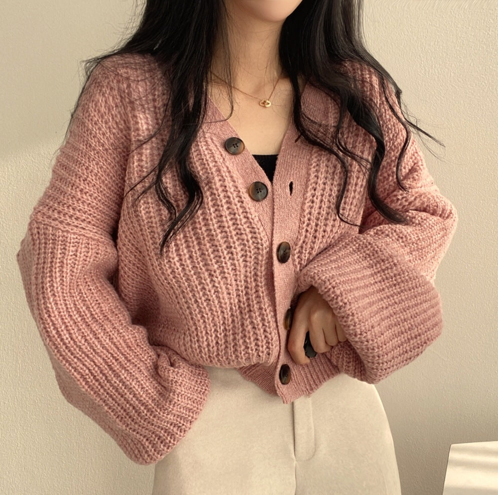 Women Loose Knit Cardigan Lantern Sleeve