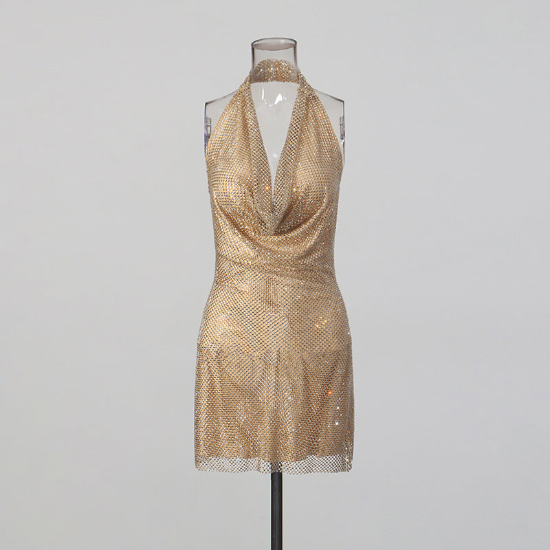 Lady's glittering diamond-studded V-neck backless short dress with d�colletage