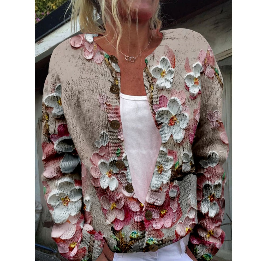 Women's Chunky Knit 3D Print Cardigan