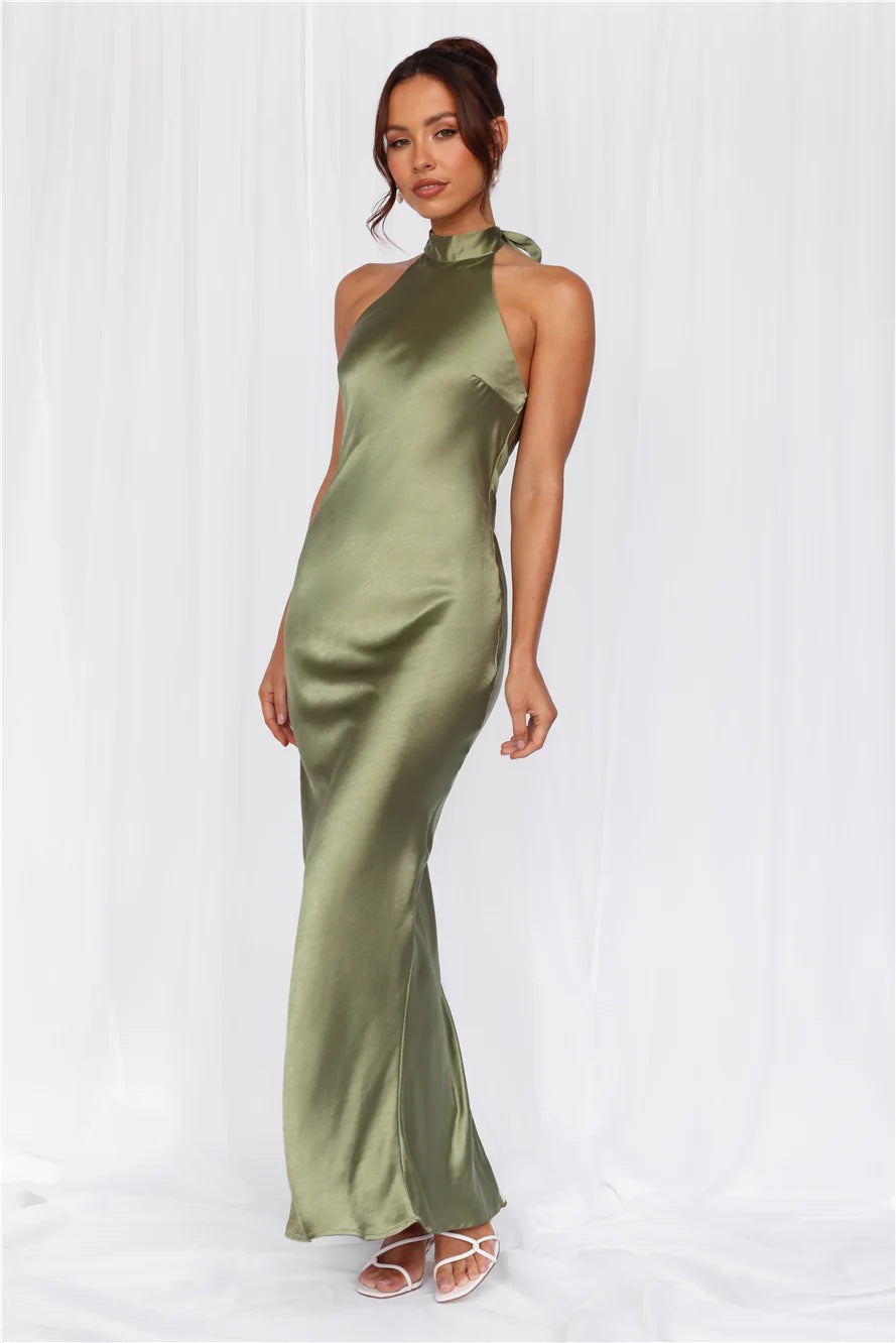 Halter Neck Satin Long Dress for Women