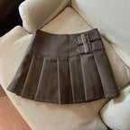 Womens High Waist Pleated PU Skirt