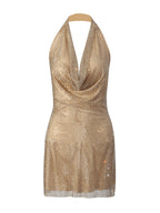 Lady's glittering diamond-studded V-neck backless short dress with d�colletage