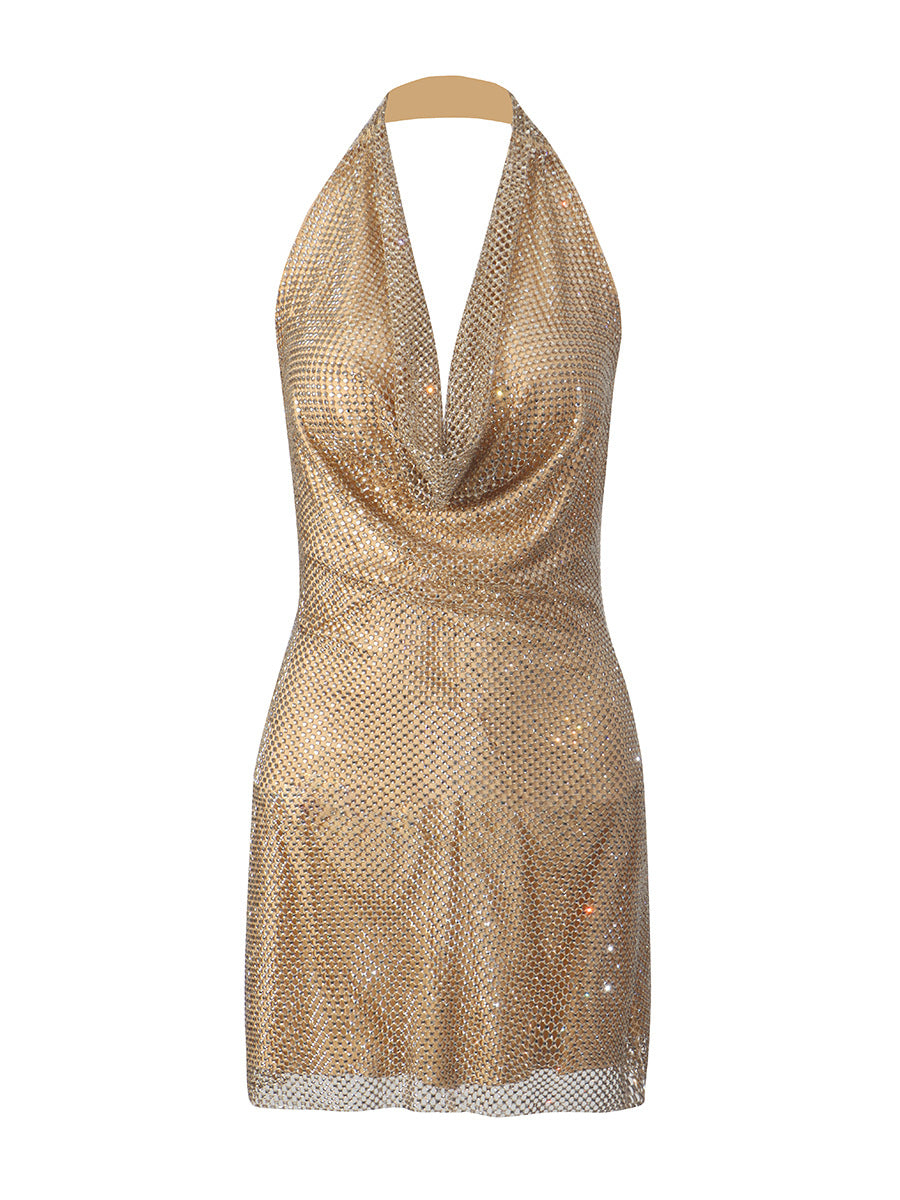 Lady's glittering diamond-studded V-neck backless short dress with d�colletage