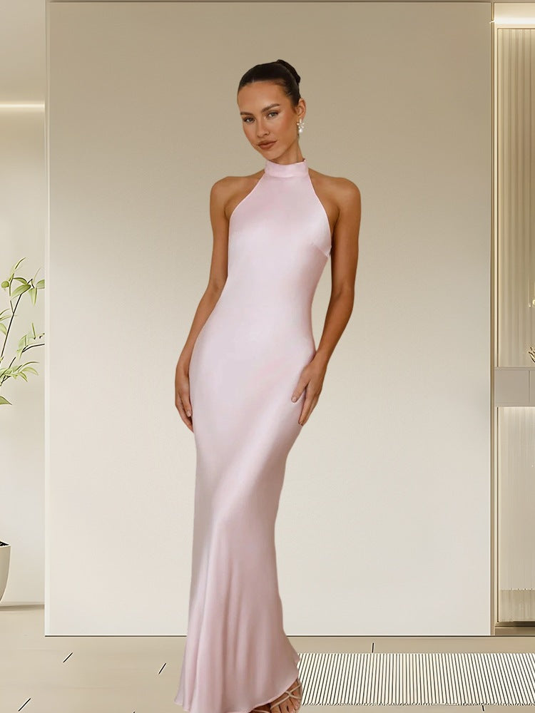 Halter Neck Satin Long Dress for Women
