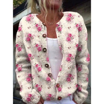Women's Chunky Knit 3D Print Cardigan