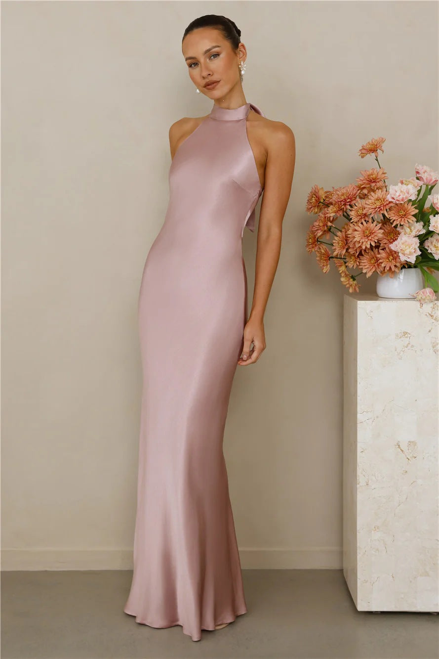Halter Neck Satin Long Dress for Women