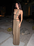 Sexy Hollow Out Rhinestone Halter Neck Dress